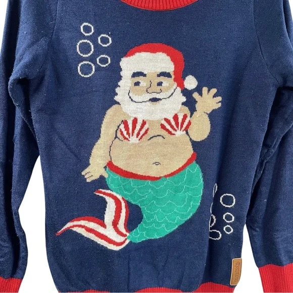not so ugly Christmas sweater mermaid Santa tipsy elf small blue - Picture 2 of 8